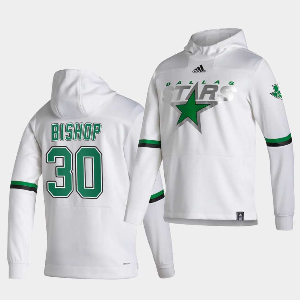 Men Dallas Stars 30 Bishop White NHL 2021 Adidas Pullover Hoodie Jersey